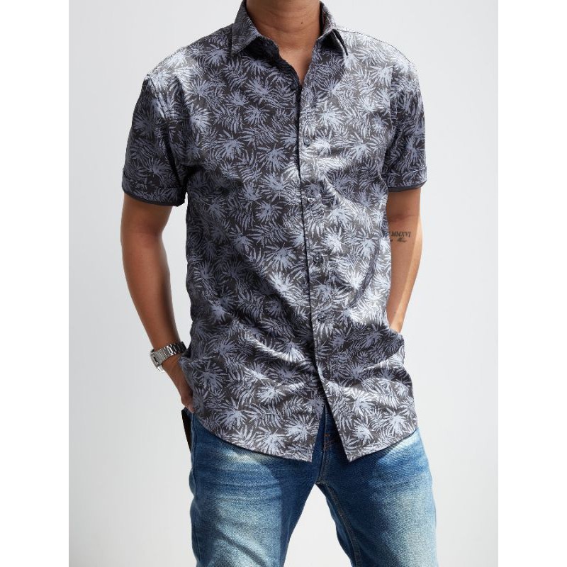 Áo sơ mi nam tay ngắn cotton in hoa văn trẻ trung thoáng mát nổi bật
