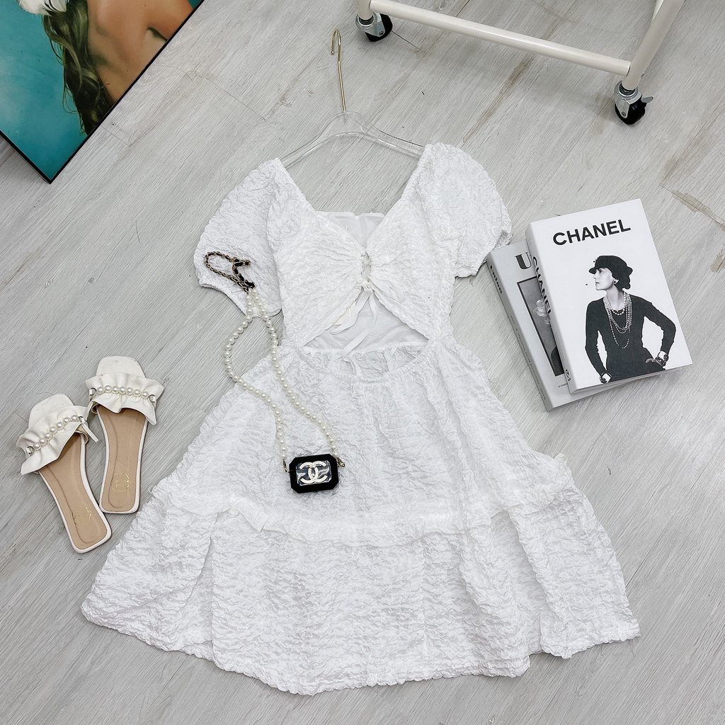Váy xốp trắng cổ vuông tay bồnghot hit, tiểu thư, cá tính - Hàng có sẵn - Xưởng may Lộc Vân - V45