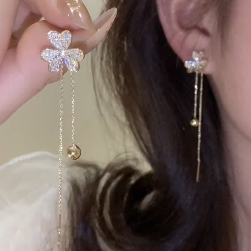 Bông Tai Hình Cỏ Ba Lá Đính Đá Đơn Giản Có Thể Điều Chỉnh Kích Thước Phong Cách Nhật Hàn