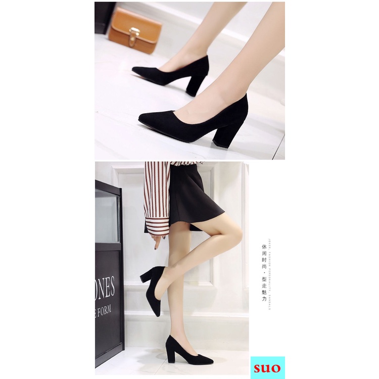 Giày Cao Gót 3Cm 5Cm Chất Liệu Da Lộn Màu Đen Thời Trang Công Sở Cho Nữ