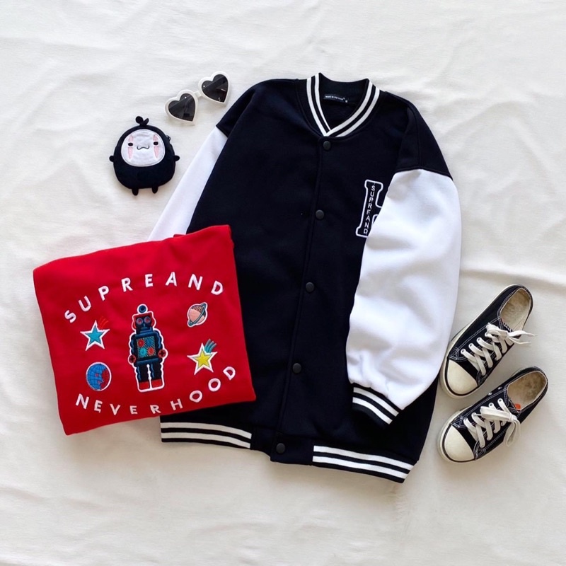 Áo Bomber Nút Bấm Nỉ Bông Unisex Thêu Vũ Trụ Ảnh Thật