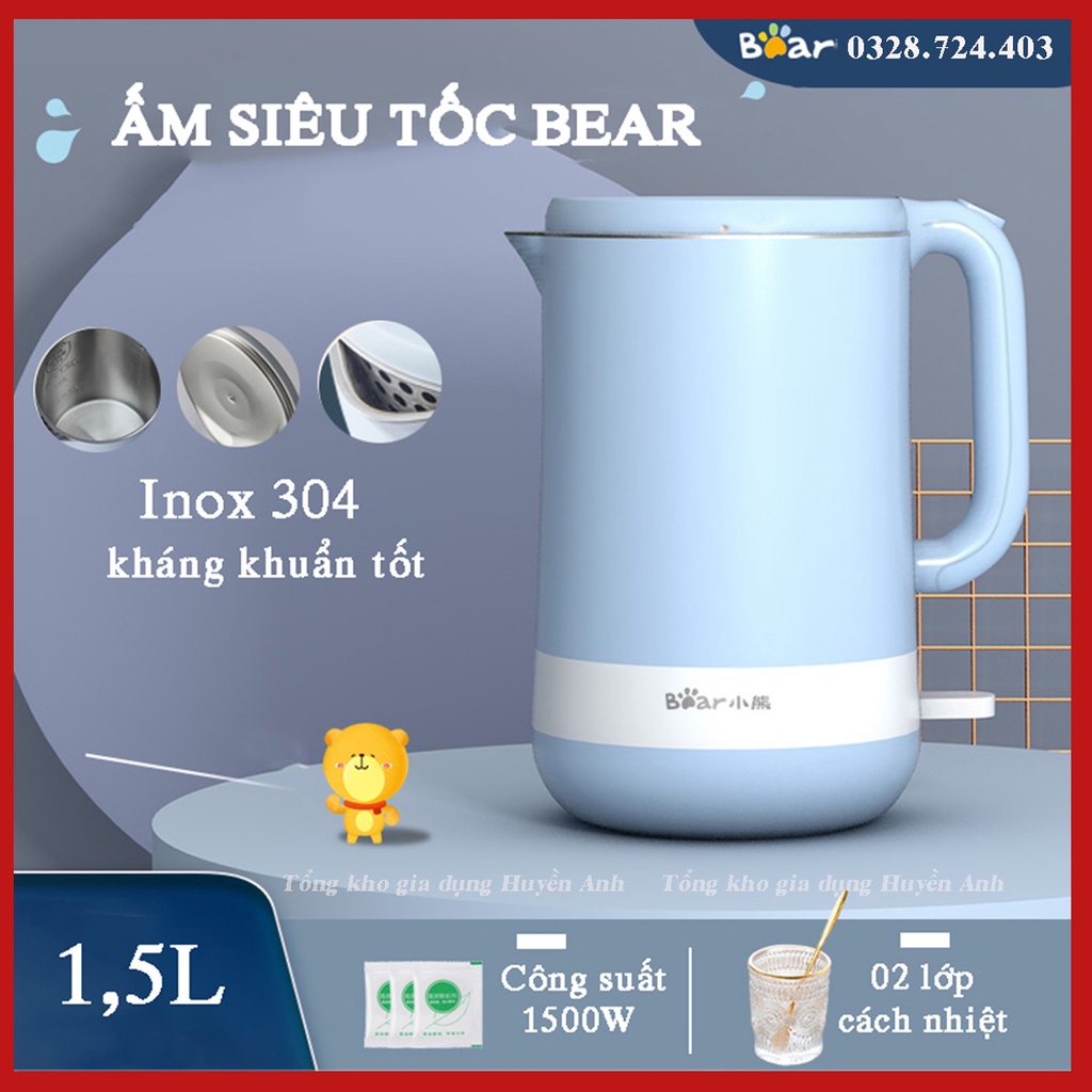 Ấm siêu tốc, ấm đun nước chính hãng Bear model: ZDH-Q15J1, dung tích 1.5L, công suất 1500W, đun siêu tốc
