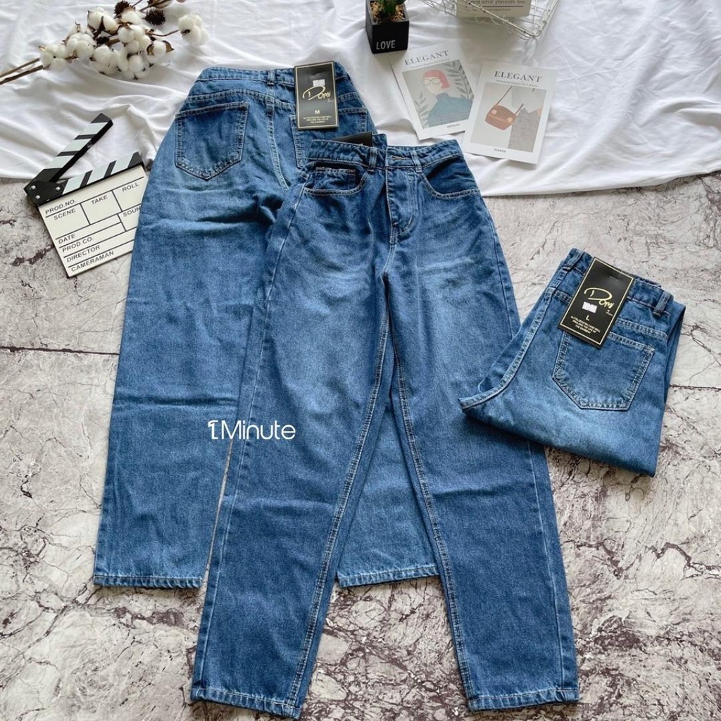 Quần baggy jean nữ lưng cao 1Minute  - Quần bò baggy cạp cao QJ018 Xanh Đậm