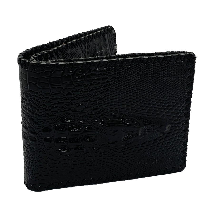 Ví Nam Ngang Da Bò Dập Vân Cá Sấu May Viền Tiến Công Màu Đen - TCN1040