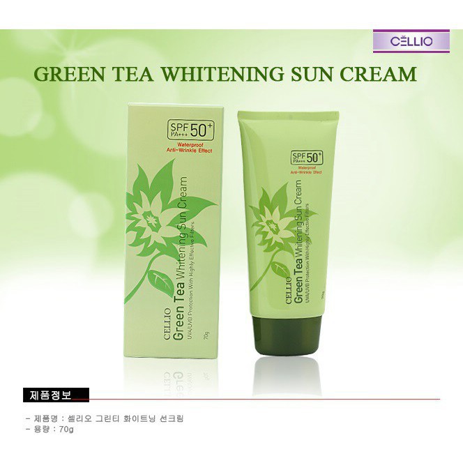 Kem chống nắng Cellio Green Tea Whitening Sun Cream SPF50+- Tuýp 70gr