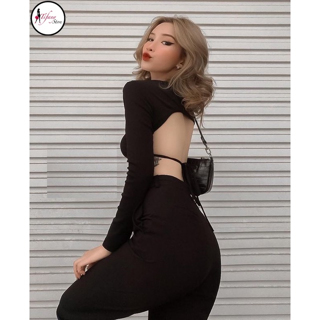 Áo Croptop Hở Lưng Tay Dài Bigsize Dưới 80Kg Cột Dây Phía Sau Chất Thun Lụa Màu Trắng "HLTD"