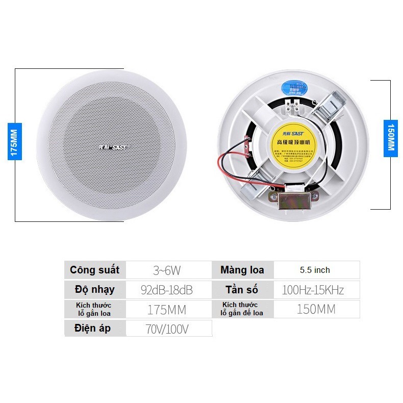 Loa âm trần nghe nhạc trang trí cho gia đình, cơ quan, bênh viện, trường học - Loa âm trần SAST 6w
