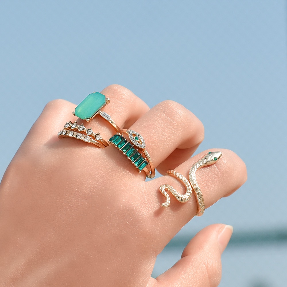 Set 6 Nhẫn Hình Rắn Đính Đá Zircon Xanh Lá Phong Cách Bohemian Cá Tính Có Thể Điều Chỉnh Thời Trang Cho Nữ