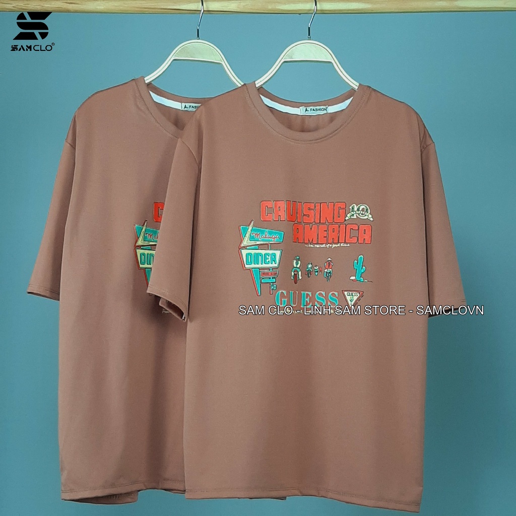 Áo thun tay lỡ nữ freesize phông form rộng Unisex, mặc lớp, nhóm, cặp in chữ Cruise AMERICAN-GUESS màu nâu