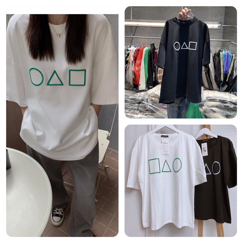 Áo phông cotton hình học phom thụng tay lỡ Áo thun dáng rộng ngắn tay nữ