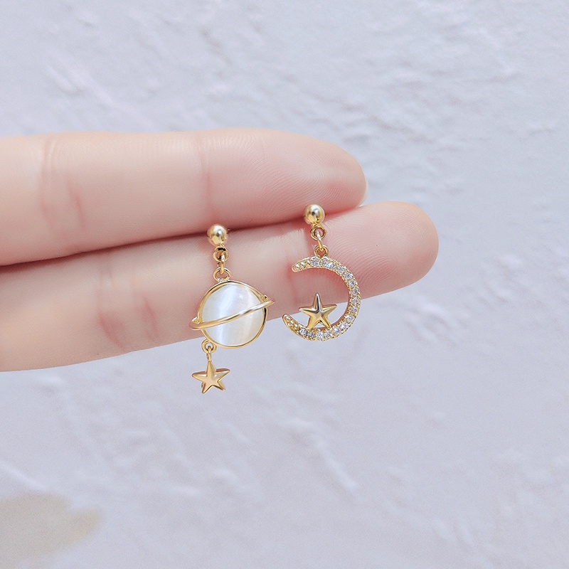 [Jiudolan] Khuyên Tai Đính Đá Opal Nhân Tạo Hình Mặt Trăng Ngôi Sao Không Đối Xứng Cho Nữ