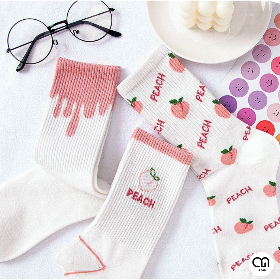 Tất Vớ Cổ Cao Nam Nữ Họa Tiết Trái Cây Tông Màu Hồng Dễ Thương Unisex Style Hàn Quốc