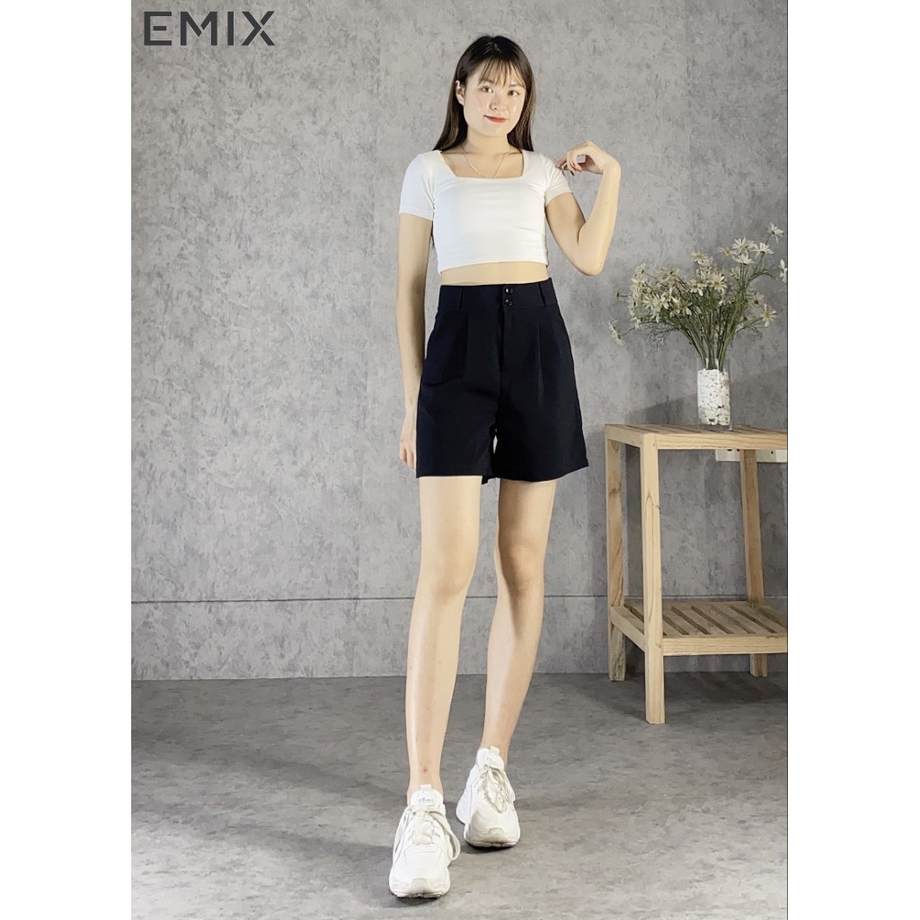 Quần short nữ cạp cao 2 cúc vải tuyết mưa form rộng có đai lưng màu đen phong cách EMIX | BigBuy360 - bigbuy360.vn