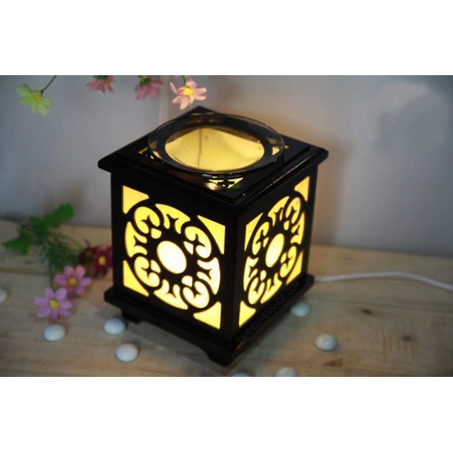 Đèn Xông Tinh Dầu, Đèn Đốt Tinh Dầu Gỗ Vuông Cao Cấp + Tặng Tinh Dầu Quế + Tặng bóng dự phòng