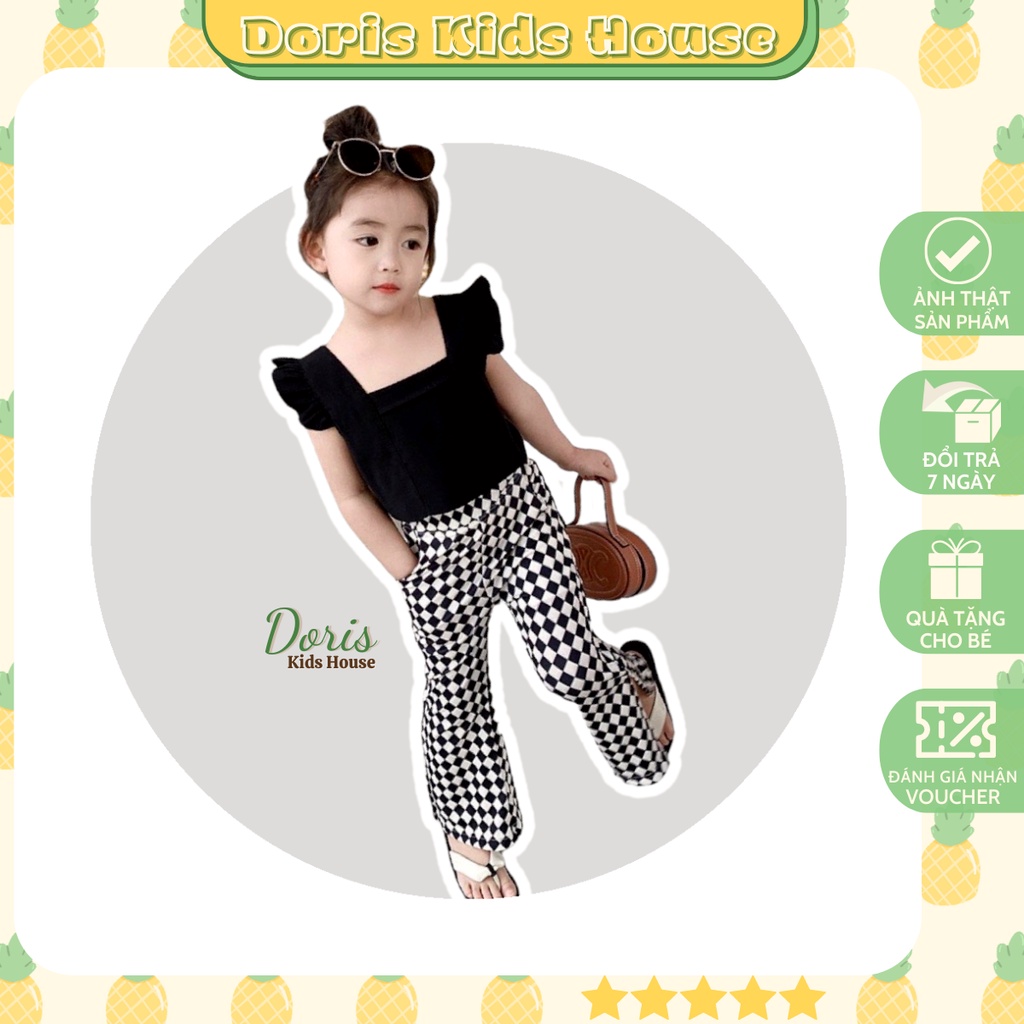 Set áo nơ lưng, quần ống loe caro cho bé gái Doris Kids House