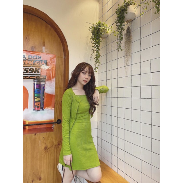 Set đầm body gân 2 dây + áo cardigan cùng màu