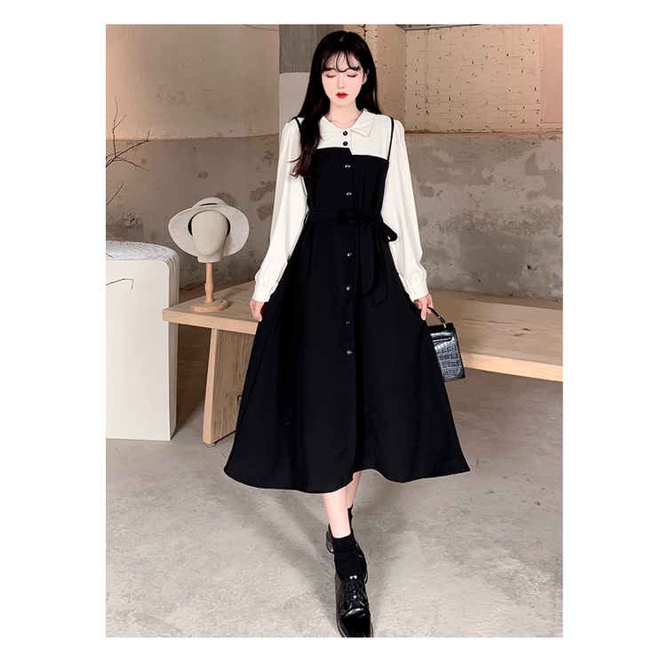 Đầm ZHELIHANGFEI giả hai lớp dài tay phong cách Pháp thanh lịch dành cho nữ