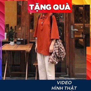 Áo thun tay lỡ nữ POLO có cổ phông form rộng freesize unisex mặc đi học, cặp, nhóm, lớp MÀU CAM TRƠN