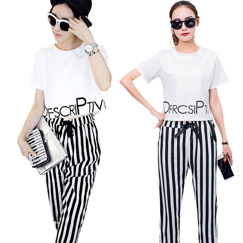 Bộ áo ngắn tay + quần dài họa tiết sọc thời trang mùa hè cho nữ