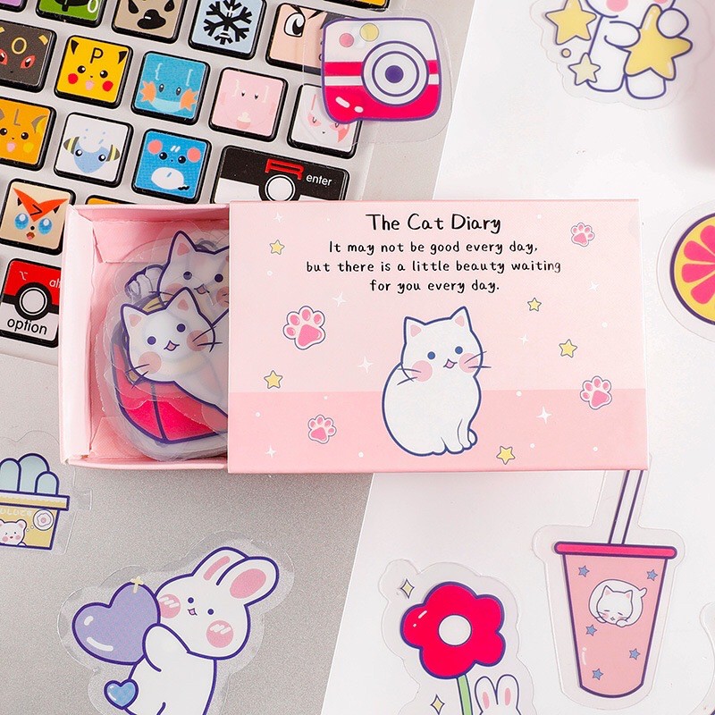 SET 40 MIẾNG STICKER HÌNH MÈO THỎ DỄ THƯOWNG KÈM HỘP ĐỰNG CUTE ĐÃ CẮT SẴN CHỐNG NƯỚC CỰC TỐT