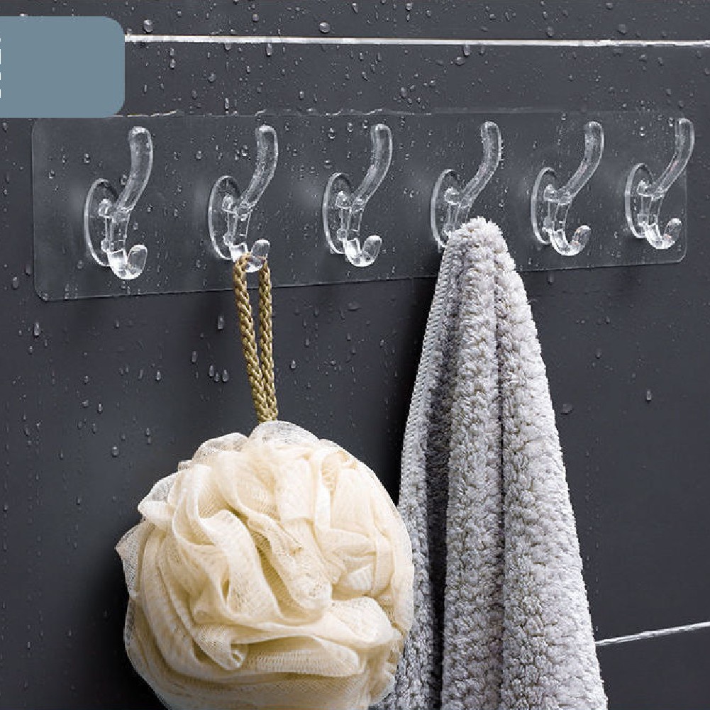 Thanh móc dán tường treo đồ quần áo chịu lực có bao chống gãy gập trong suốt siêu dính 6 móc ngang không cần khoan tường