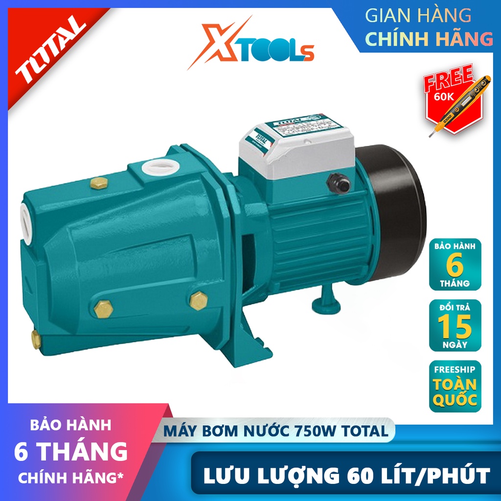 Máy bơm nước TOTAL TWP37506 Máy bơm nước dùng điện Công suất 750W (1HP) Chiều cao bơm 45m Độ hút sâu 9m Lưu lượng 60L/p