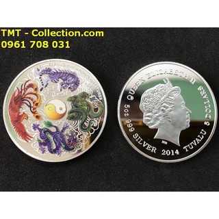 Xu tứ linh phong thuỷ tặng túi gấm; Màu bạc, Đường kính đồng xu là 4cm-TMT Collection- SP005093