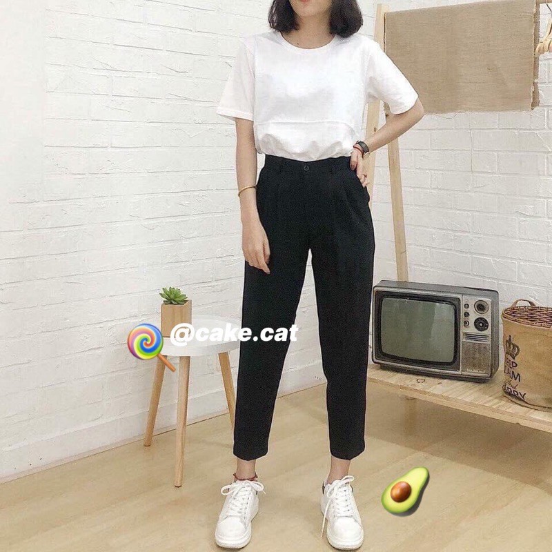 [ẢNH THẬT - Có sẵn] Áo sơ mi trắng tay lỡ &amp; Quần baggy trơn đen
