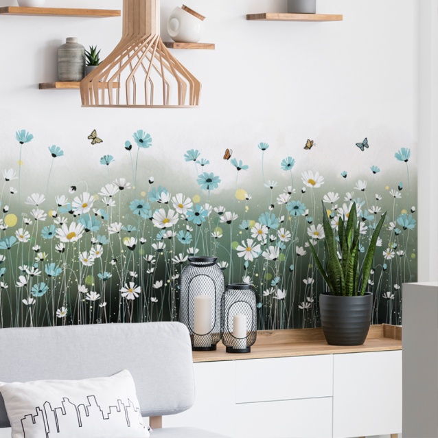Decal trang trí tường - Chân tường cỏ dại trắng xanh