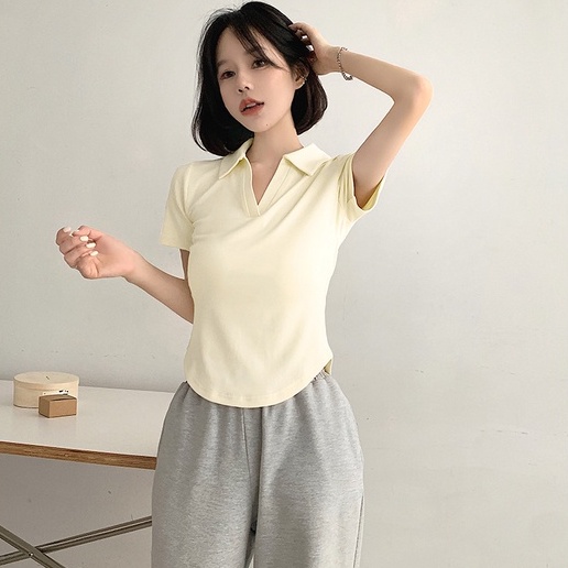Áo thun ZHELIHANGFEI polo ngắn tay eo cao thiết kế quyến rũ thời trang
