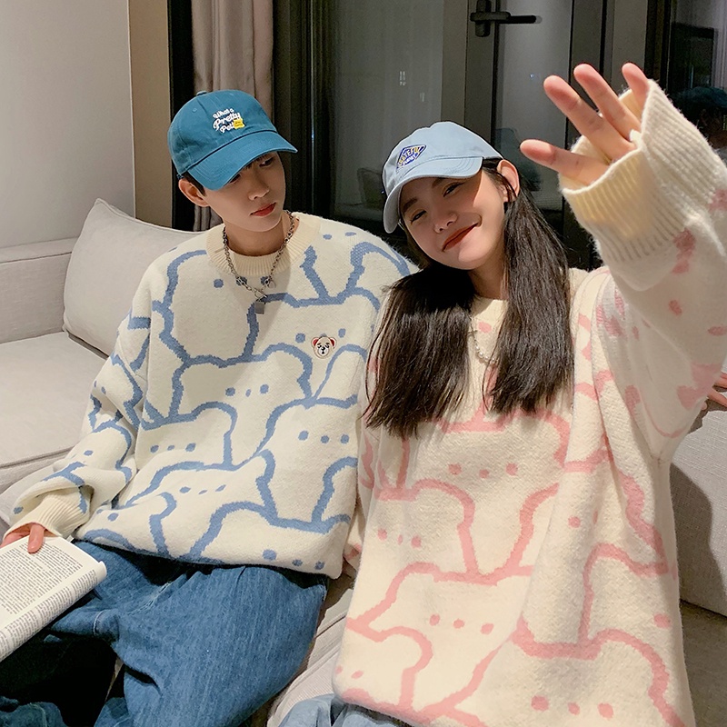 Áo sweater dáng rộng in hoạt hình gấu phong cách Hàn Quốc thời trang thu đông cho các cặp đôi