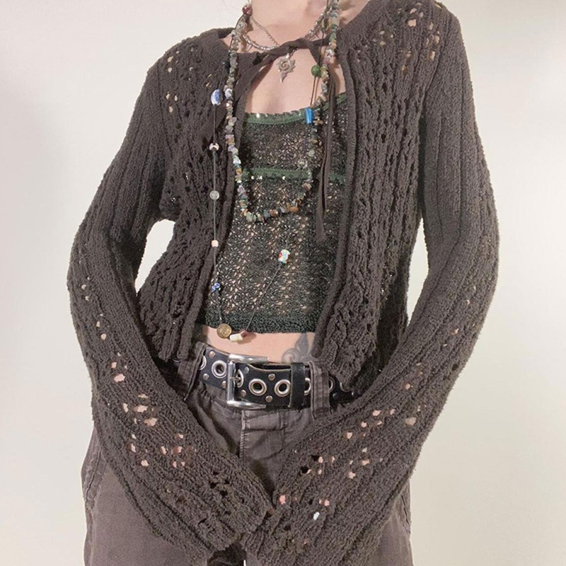 Xiangbao Áo Khoác Cardigan Dệt Kim Tay Dài Dáng Rộng Hở Lỗ Rỗng Màu Nâu Có Dây Buộc Phía Trước