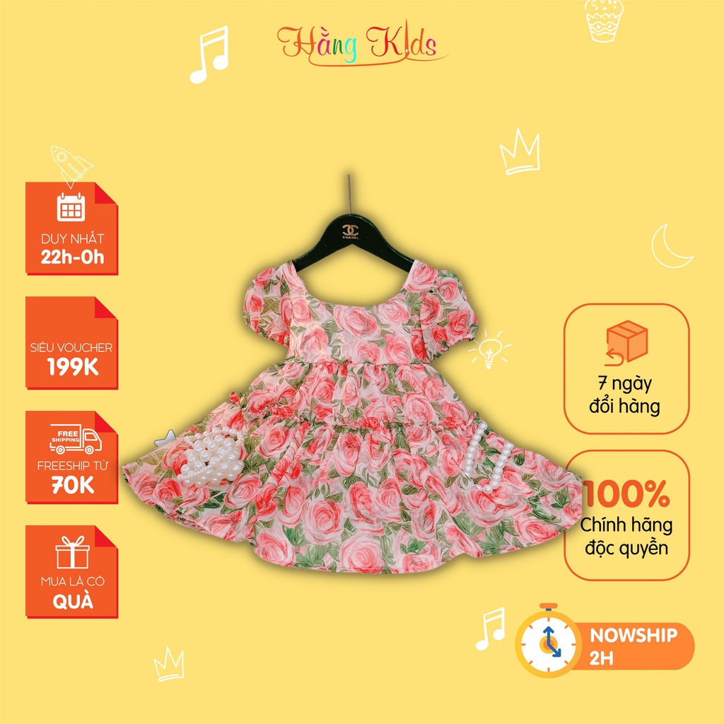 Váy công chúa cho bé, đầm voan bé gái họa tiết hoa tay phồng khóa kéo sau lưng (C2)