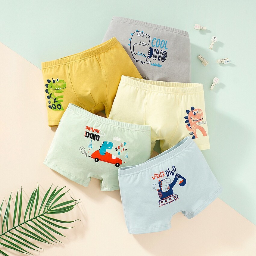 Set 5 quần chip đùi cotton cho bé trai, quần lót bé trai hình khủng long