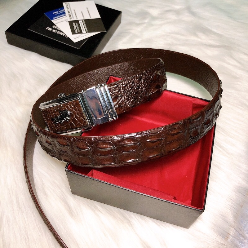 Dây thắt lưng da cá sấu thật 100%, 3.3 cm, màu nâu socola, da lưng cá sấu, đầu nịt tự động