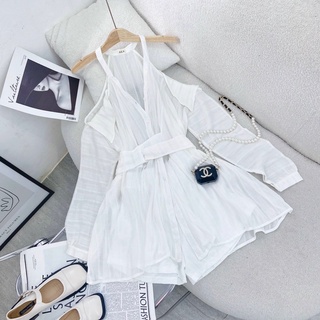 SET ĐẦM SƠ MI CUT OUT VAI CHÉO EO + SHORT [kèm ảnh thật ]