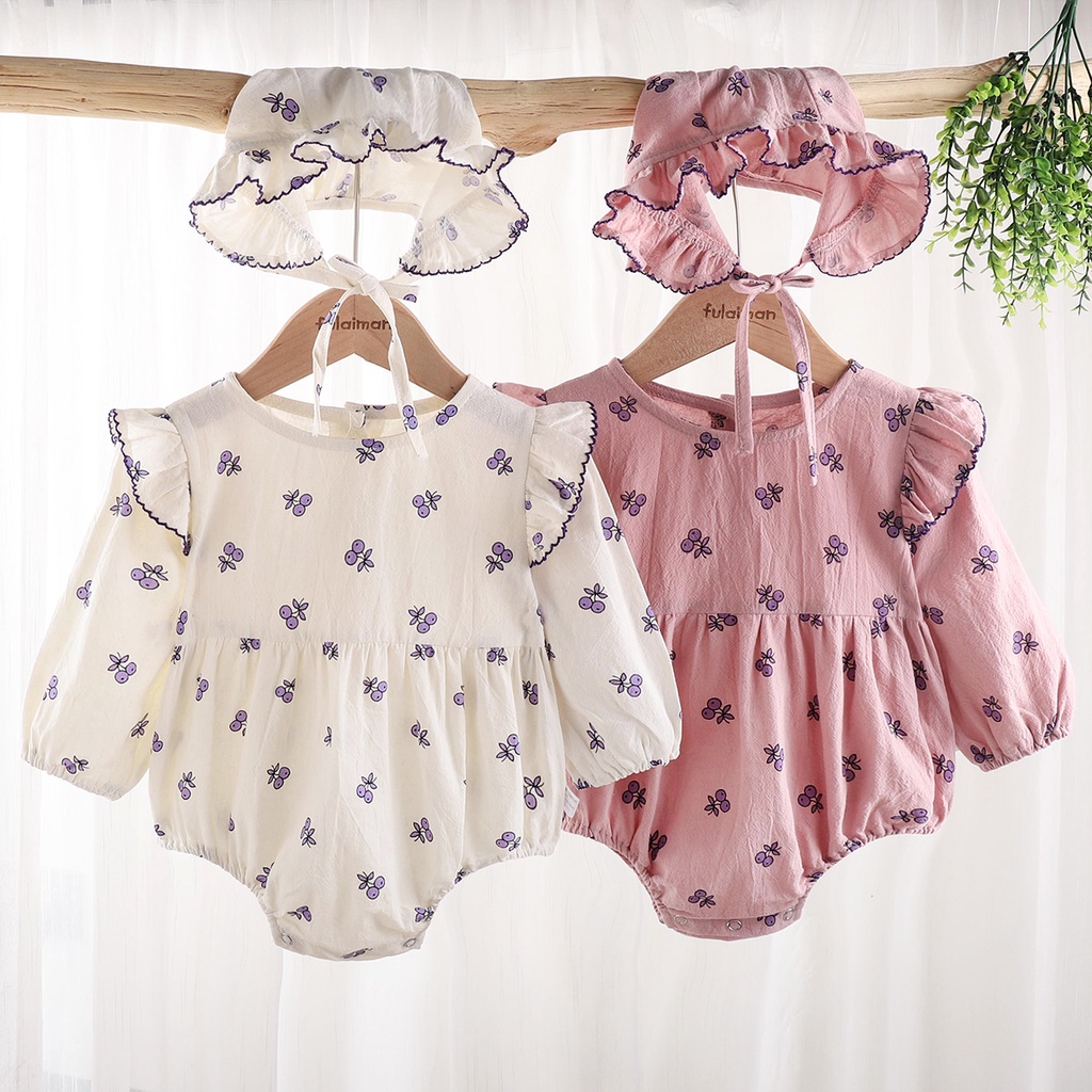 Bộ Áo Liền Quần Tay Dài In Họa Tiết Trái Cây + 1 Mũ Ren Dễ Thương Thời Trang Mùa Hè Cho Bé Sơ Sinh