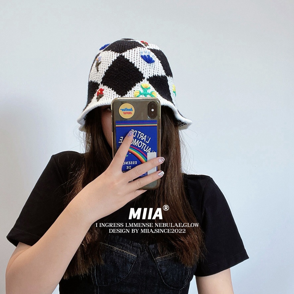 Mũ Bucket Dệt Kim Thủ Công Họa Tiết Hoa / Hình Thoi Màu Tương Phản Phong Cách Hàn Quốc Dễ Thương