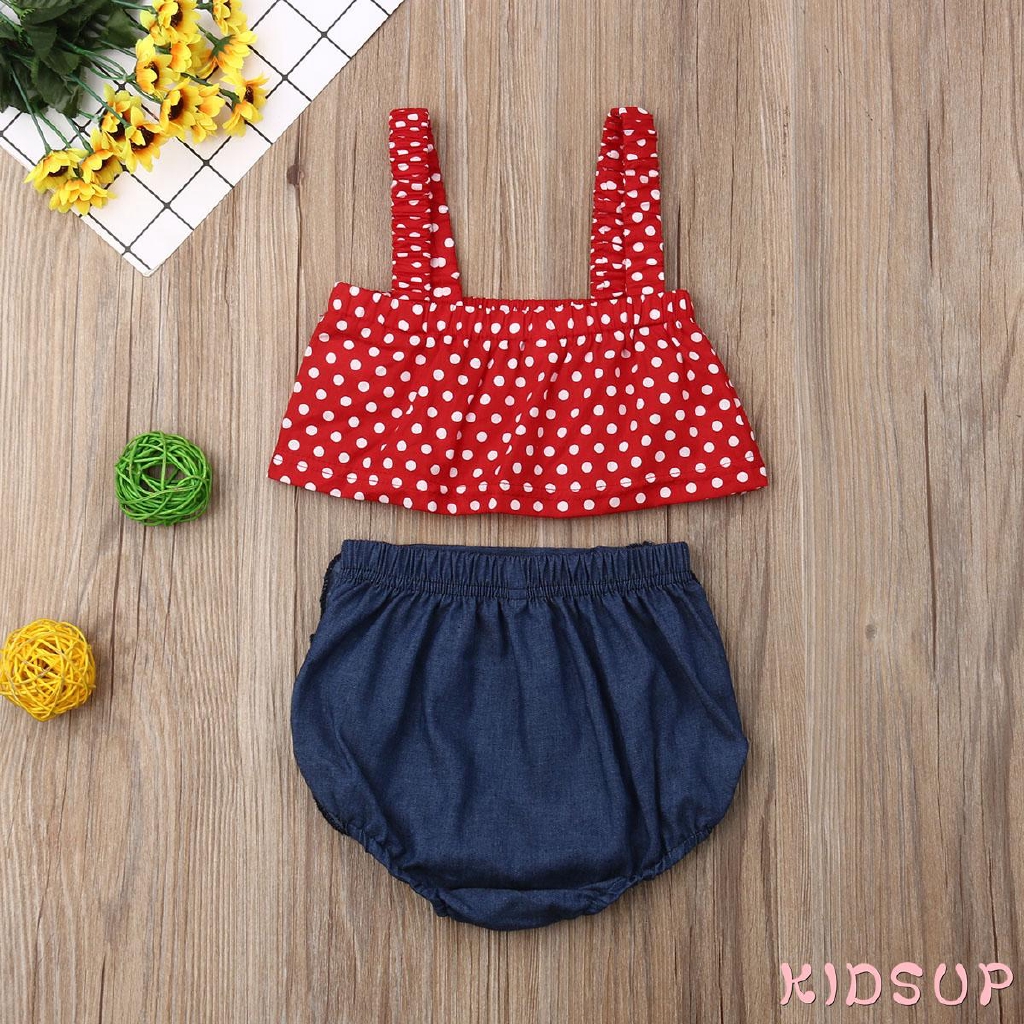 Set áo thun họa tiết chấm bi và quần short xinh xắn cho bé gái
