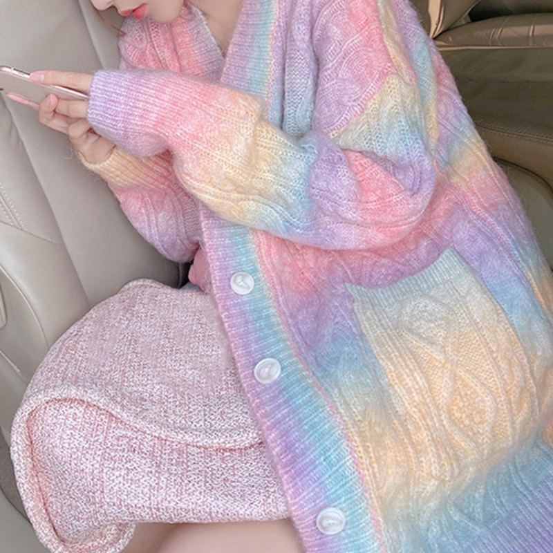 Xiangbao Áo Khoác Cardigan Dệt Kim Dài Đến Đầu Gối Dáng Rộng Cài Nút Màu Cầu Vồng Phía Trước Cho Nữ