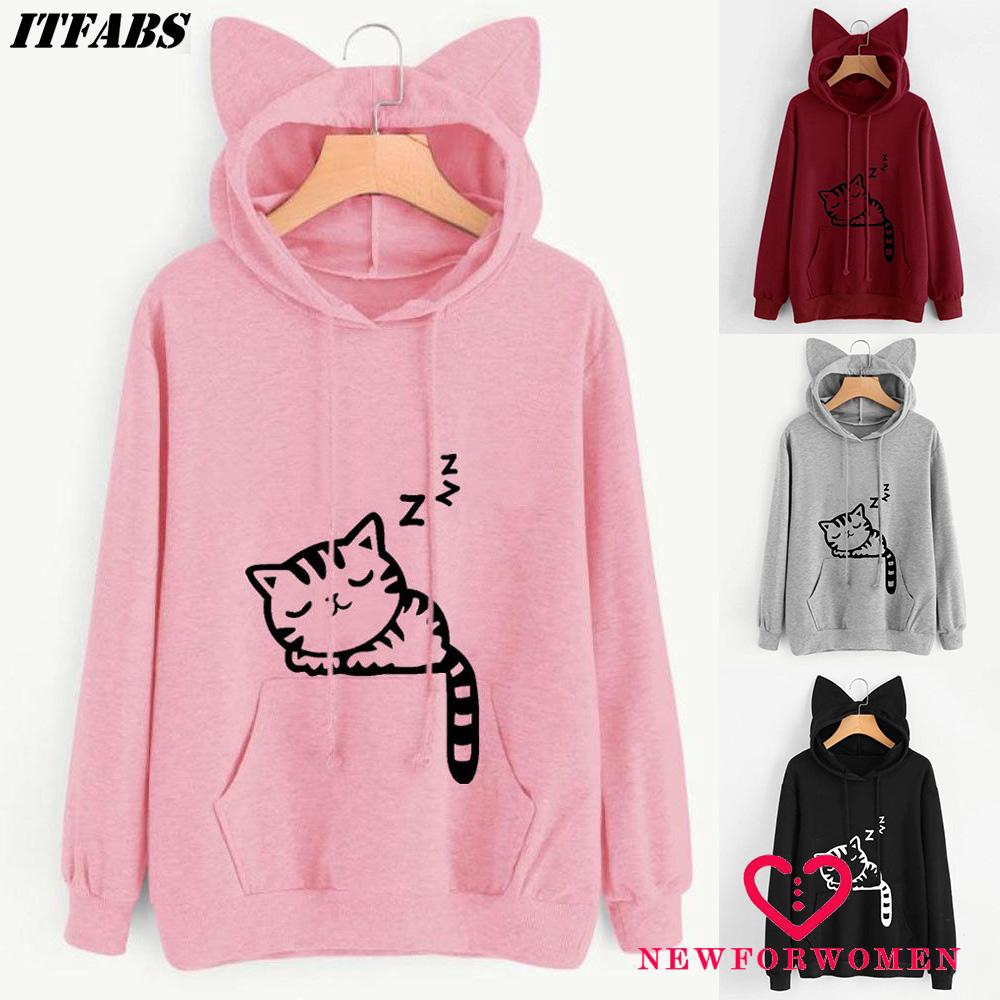 Áo hoodie tay dài thiết kế mũ tai mèo đáng yêu dành cho nữ