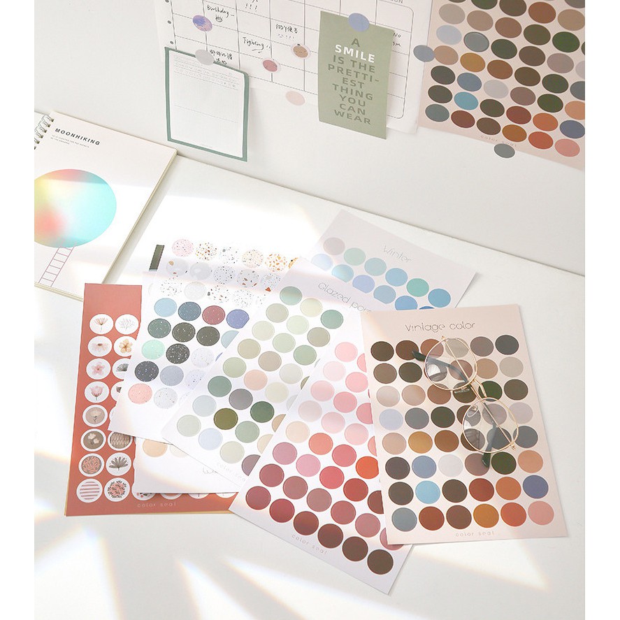 Set 48 sticker miếng dán hình tròn nhiều màu sắc dùng cho trang trí nhãn dán dot dán sổ tay,Bullet journal ND27