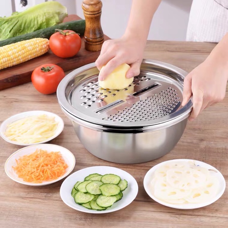 [FREESHIP❤️] Bộ Nạo Rau Củ Quả Đa Năng Inox 3 in 1 - Bộ Rổ Nạo Củ Quả Kèm Chậu