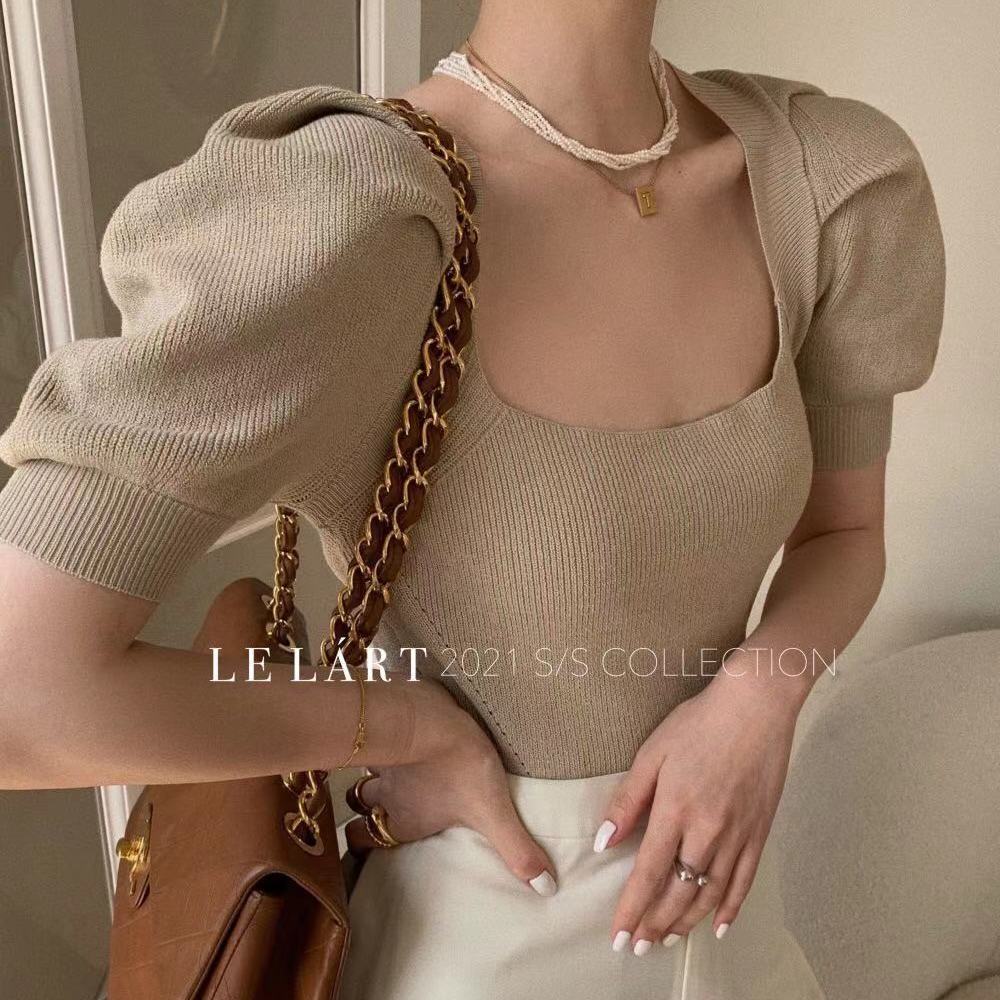 Áo Len Tay Ngắn Cổ Vuông Quyến Rũ Trẻ Trung Hợp Thời Trang