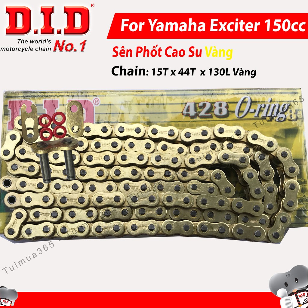 Nhông sên dĩa DID Exciter 150cc lên 15 dĩa 44T – Sên phốt cao su vàng 130L