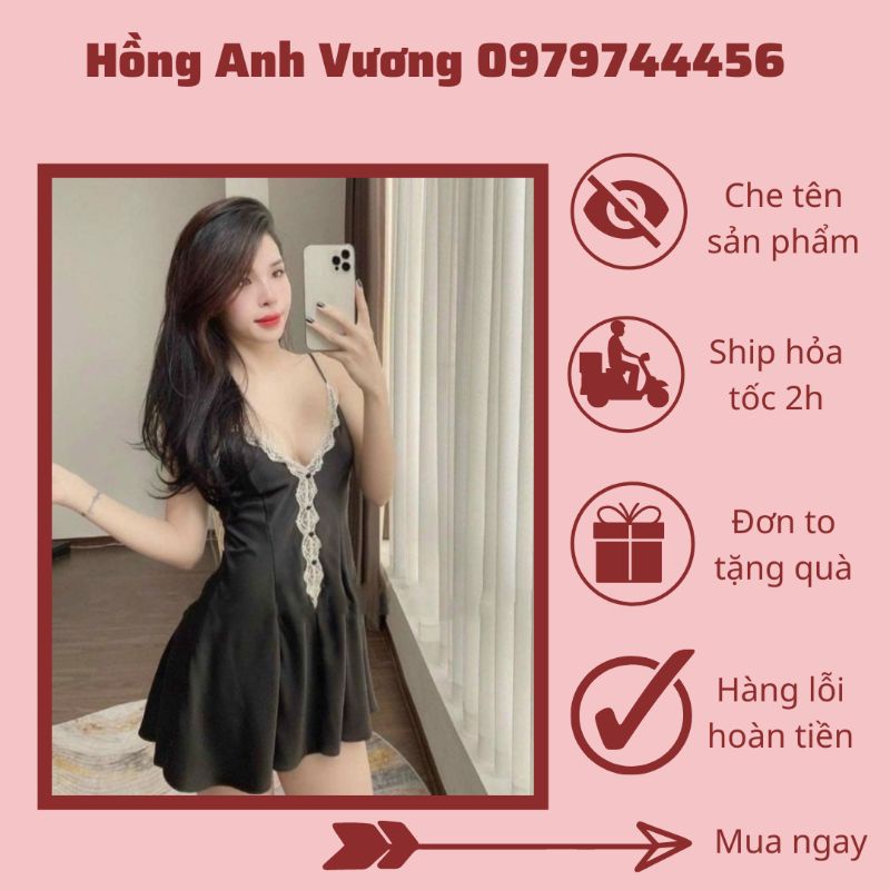 váy ngủ đầm ngủ lụa satin pha ren xòe hông sexy gợi cảm