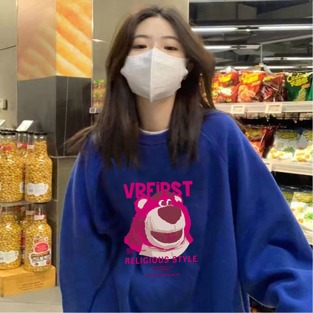 Áo Thun Sweater Mỏng Tay Dài Dáng Rộng In Hình Gấu / Dâu Tây Dễ Thương Cho Nữ