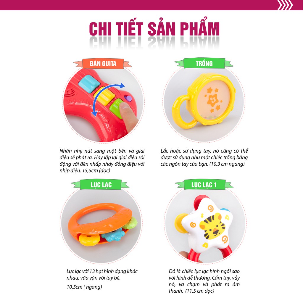 Set 4 món đồ chơi âm nhạc đàn Guitar kèm xúc xắc lục lạc cầm tay Winfun 3131/3030 cho bé từ sơ sinh trở lên