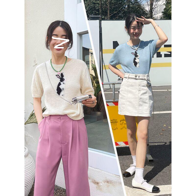 Áo Thun Dệt Kim Tay Ngắn Họa Tiết Thỏ/Quả Bơ Phong Cách Thời Trang Mùa Xuân Dành Cho Nữ