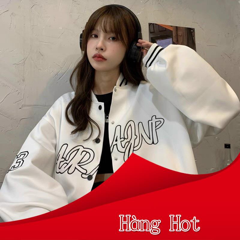 Áo bomber Unisex bóng chày 🌸 Khoác nam nữ dáng rộng cúc cài 2 màu ĐEN TRẮNG dáng thể thao năng động
